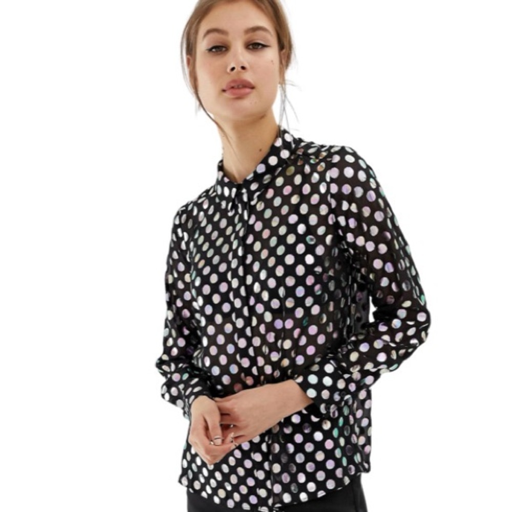 Foxcroft Santeen Blouse Wrinkle Free Women’s Shirt Blue  Gray polka dot